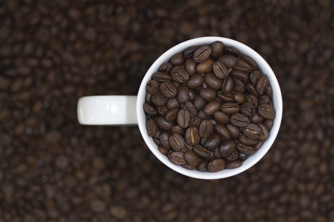 A white cup filled with coffee beans on top of a carpet